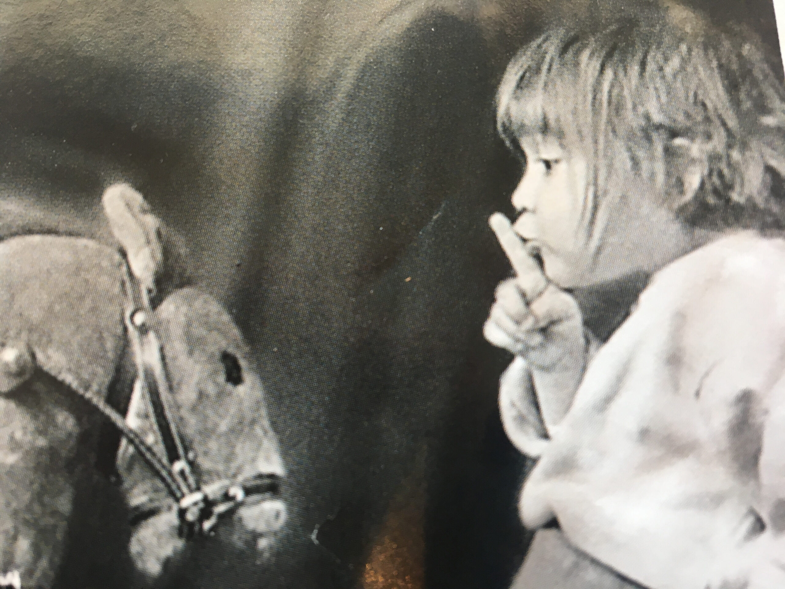 A child engages in play-based speech therapy. She holds her finger to her mouth saying "Shh" to a model horse in front of her. 