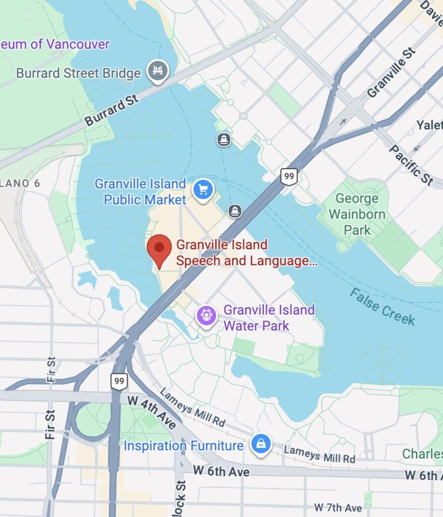 A Google Maps screenshot of the location of the Granville Island Speech clinic.