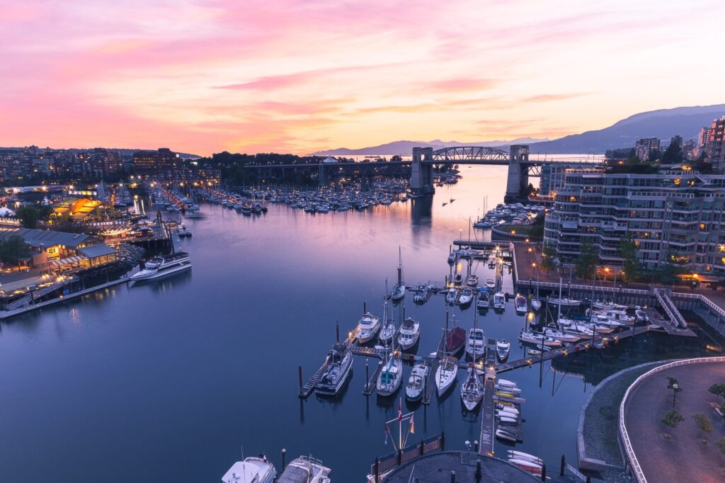 An aerial photo of Granville Island at sunset.